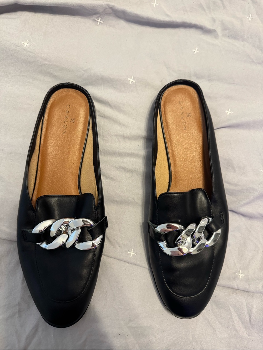 Caslon Black Leather Slip-On Mules with Silver Chain Accent